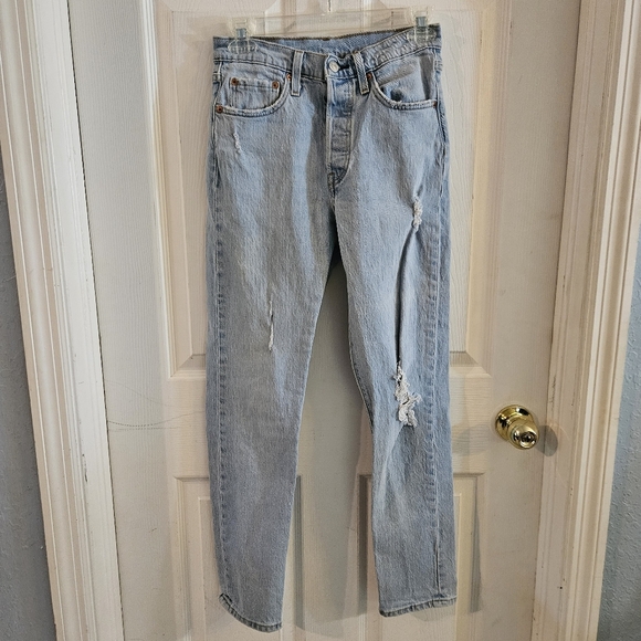 LEVI'S 501 S Skinny Women's 24x28 Distressed Light Wash Denim Button Jeans - Picture 1 of 15